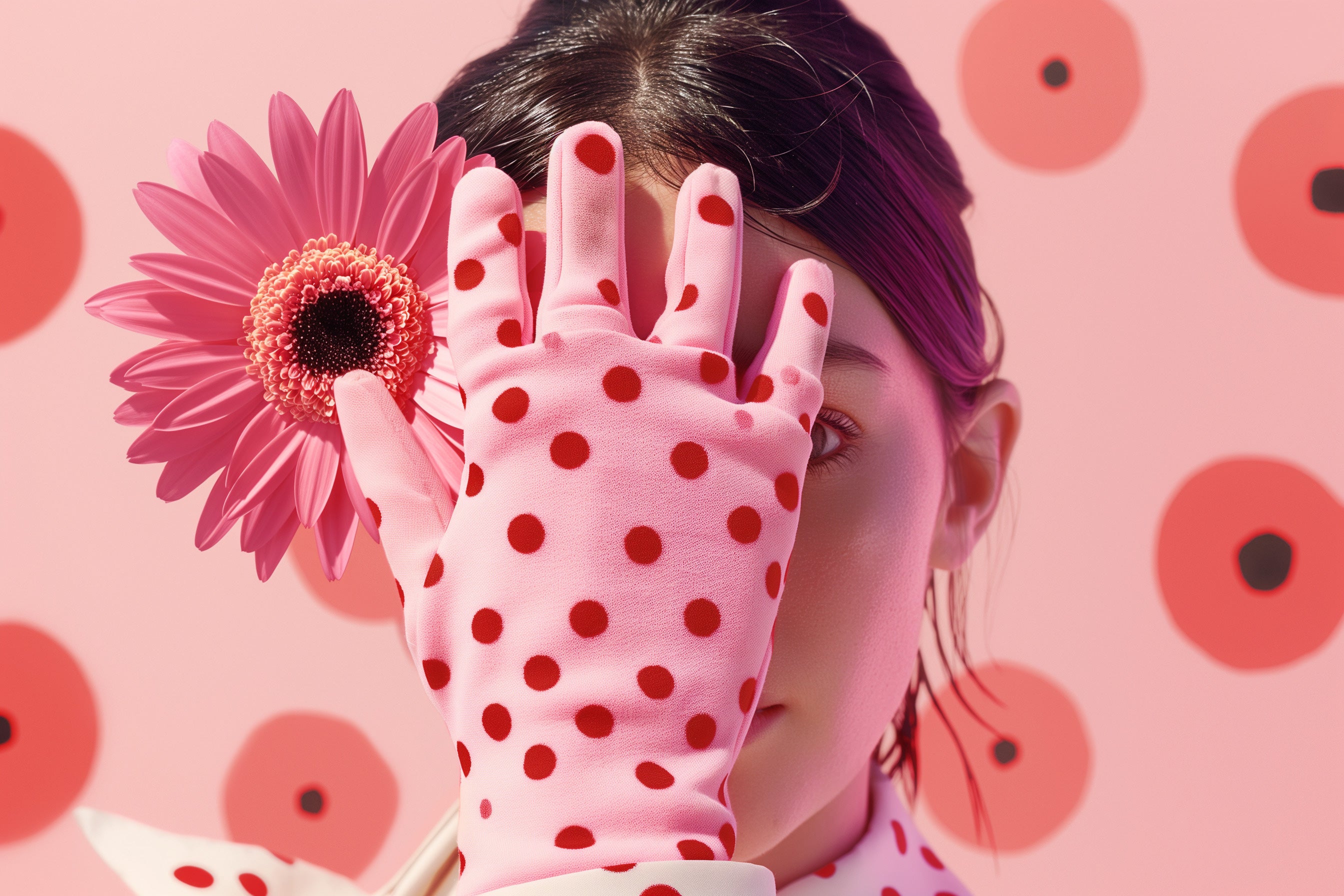 Person wearing a pink polka dot glove holding a pink flower against a pink background with red circles.