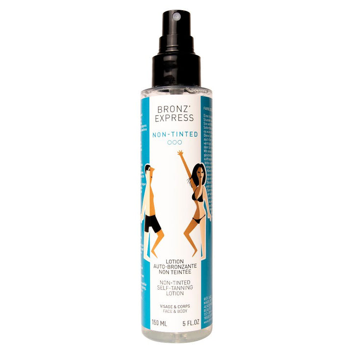 Bronzing spray bottle with a label featuring two women on a white background