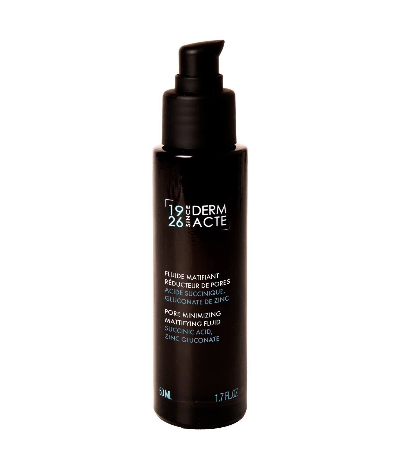 Black skincare bottle with text on a white background